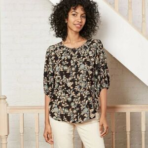 Knox Rose Floral Print 3/4 Puff Sleeve Button Front Top